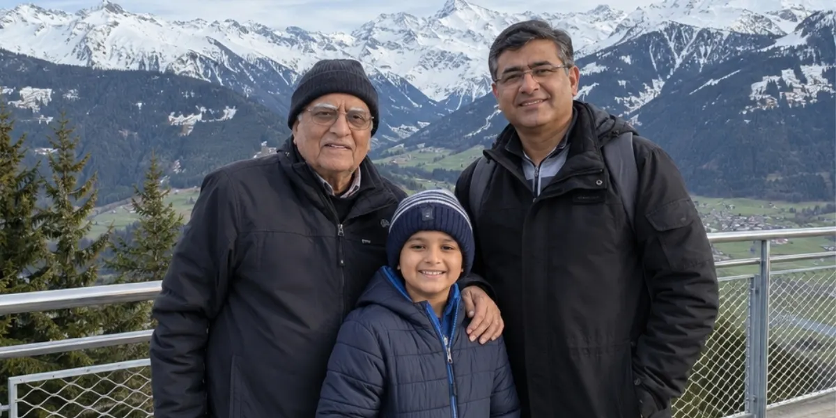 Grandfather, father and son posing together at a Swiss Alps viewpoint